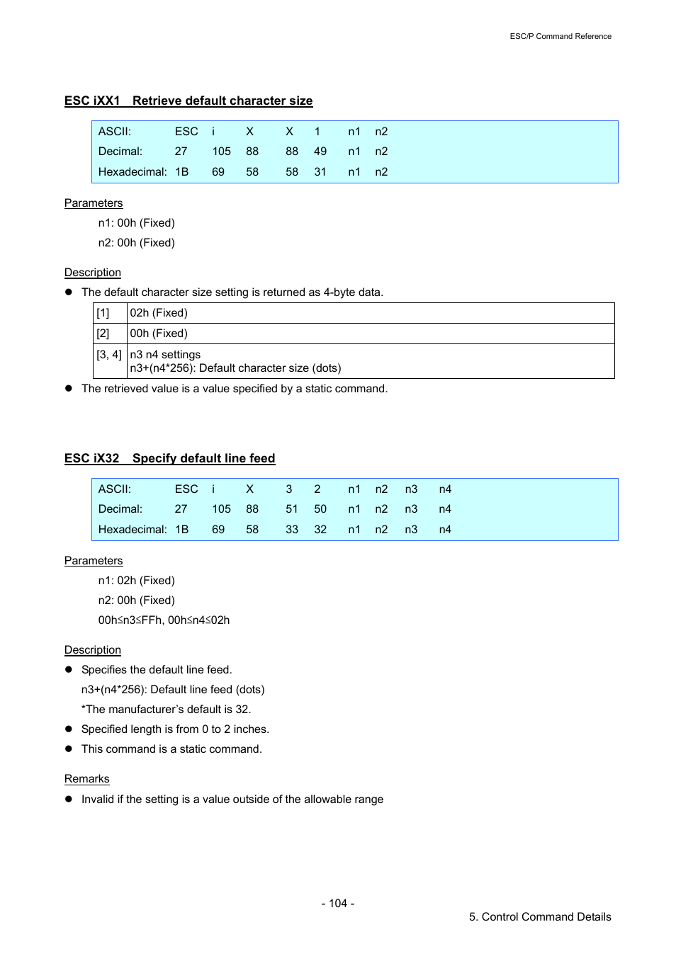 Esc ixx1 retrieve default character size, Esc ix32 specify default line feed, Esc ixx1 | Retrieve default character size, Esc ix32, Specify default line feed | Brother TD-2120N User Manual | Page 110 / 126