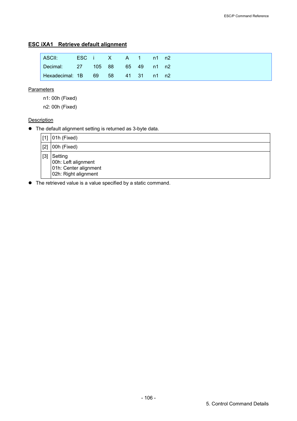 Esc ixa1 retrieve default alignment, Esc ixa1, Retrieve default alignment | Brother TD-2120N User Manual | Page 112 / 126