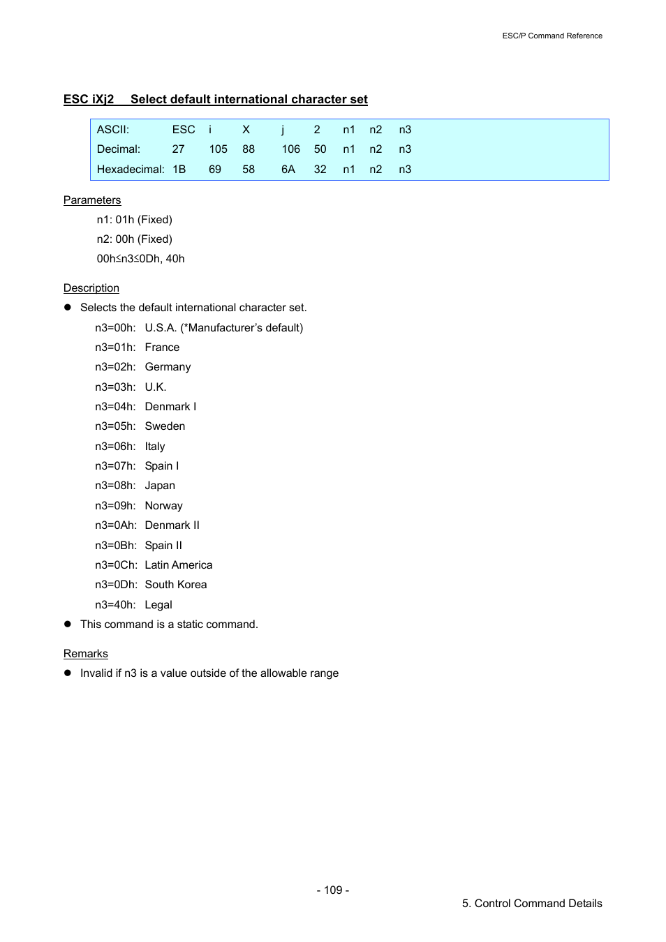 Esc ixj2, Select default international character set | Brother TD-2120N User Manual | Page 115 / 126