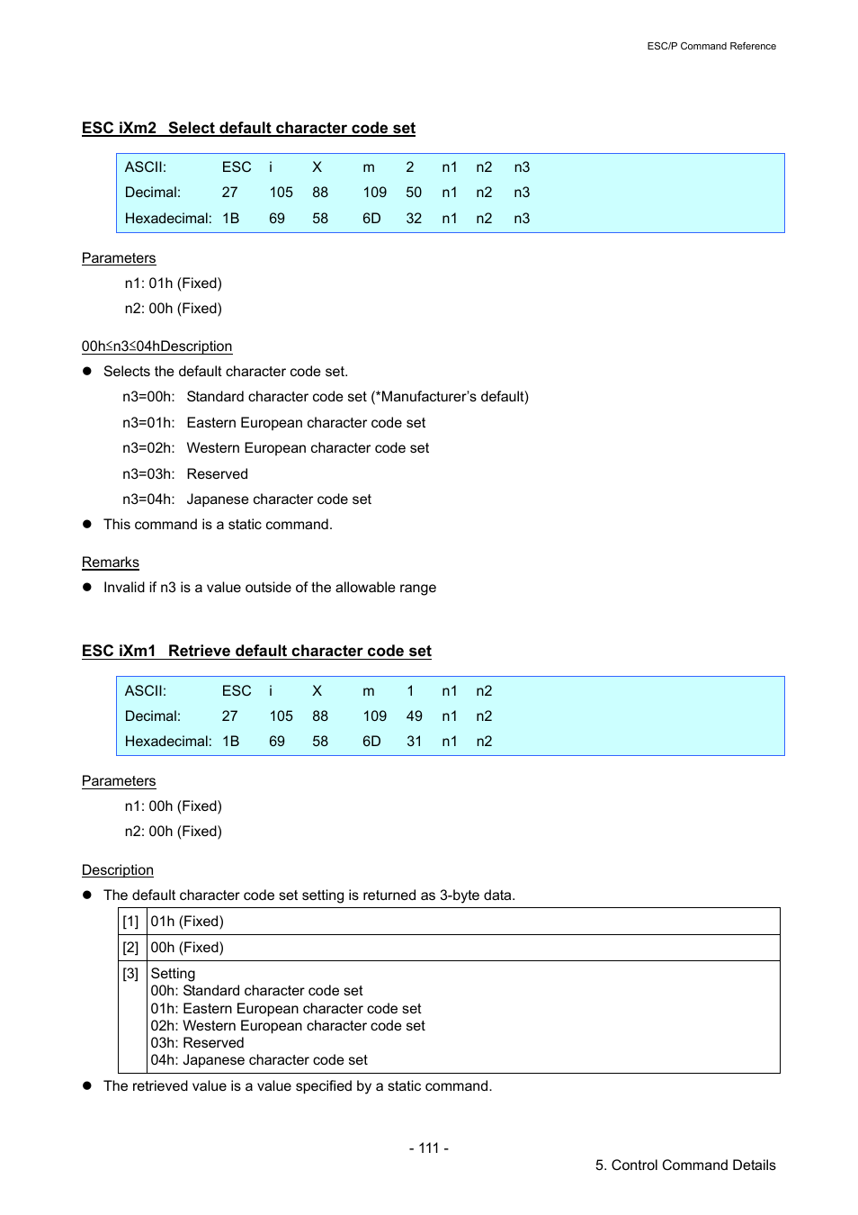 Esc ixm2 select default character code set, Esc ixm1 retrieve default character code set, Esc ixm2 | Select default character code set, Esc ixm1, Retrieve default character code set | Brother TD-2120N User Manual | Page 117 / 126