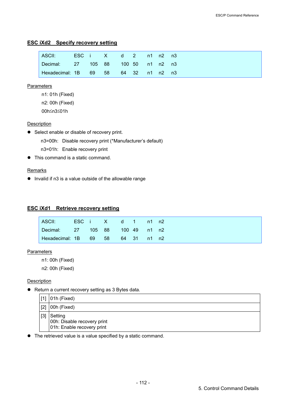 Esc ixd2 specify recovery setting, Esc ixd1 retrieve recovery setting, Esc ixd2 | Specify recovery setting, Esc ixd1, Retrieve recovery setting | Brother TD-2120N User Manual | Page 118 / 126