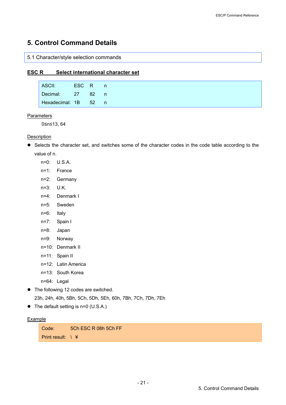 Control command details, 1 character/style selection commands, Esc r select international character set | Esc r, Select international character set | Brother TD-2120N User Manual | Page 27 / 126