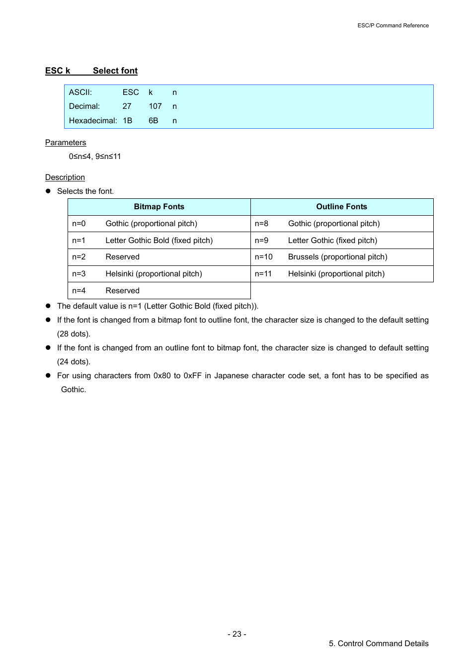 Esc k select font, Esc k, Select font | Brother TD-2120N User Manual | Page 29 / 126