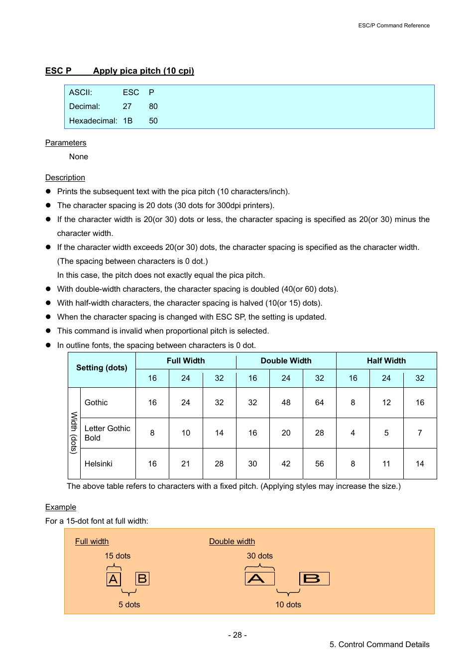 Esc p apply pica pitch (10 cpi), Esc p, Apply pica pitch (10 cpi) | Brother TD-2120N User Manual | Page 34 / 126