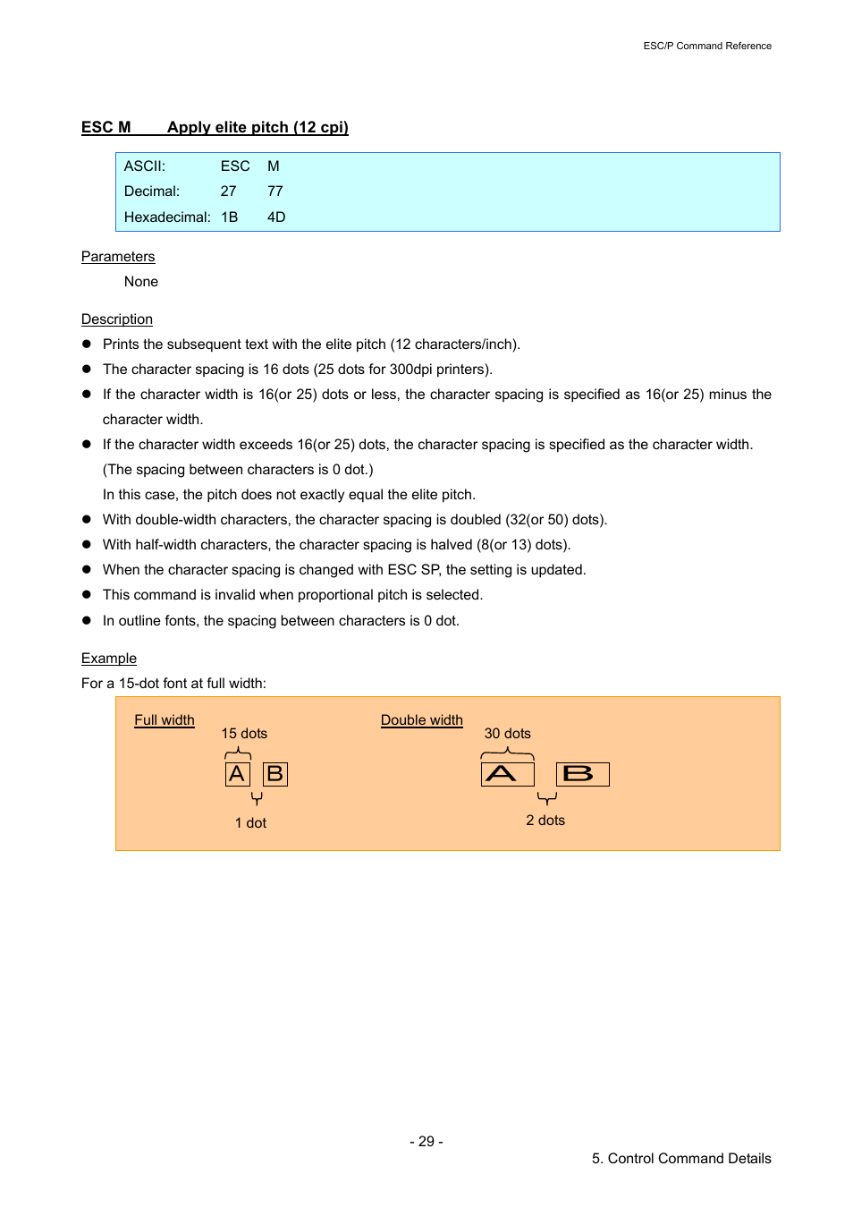 Esc m apply elite pitch (12 cpi), Esc m, Apply elite pitch (12 cpi) | Brother TD-2120N User Manual | Page 35 / 126