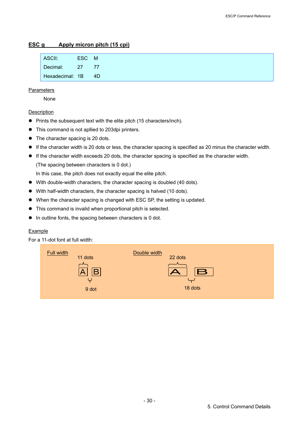 Esc g apply micron pitch (15 cpi), Esc g, Apply micron pitch (15 cpi) | Brother TD-2120N User Manual | Page 36 / 126