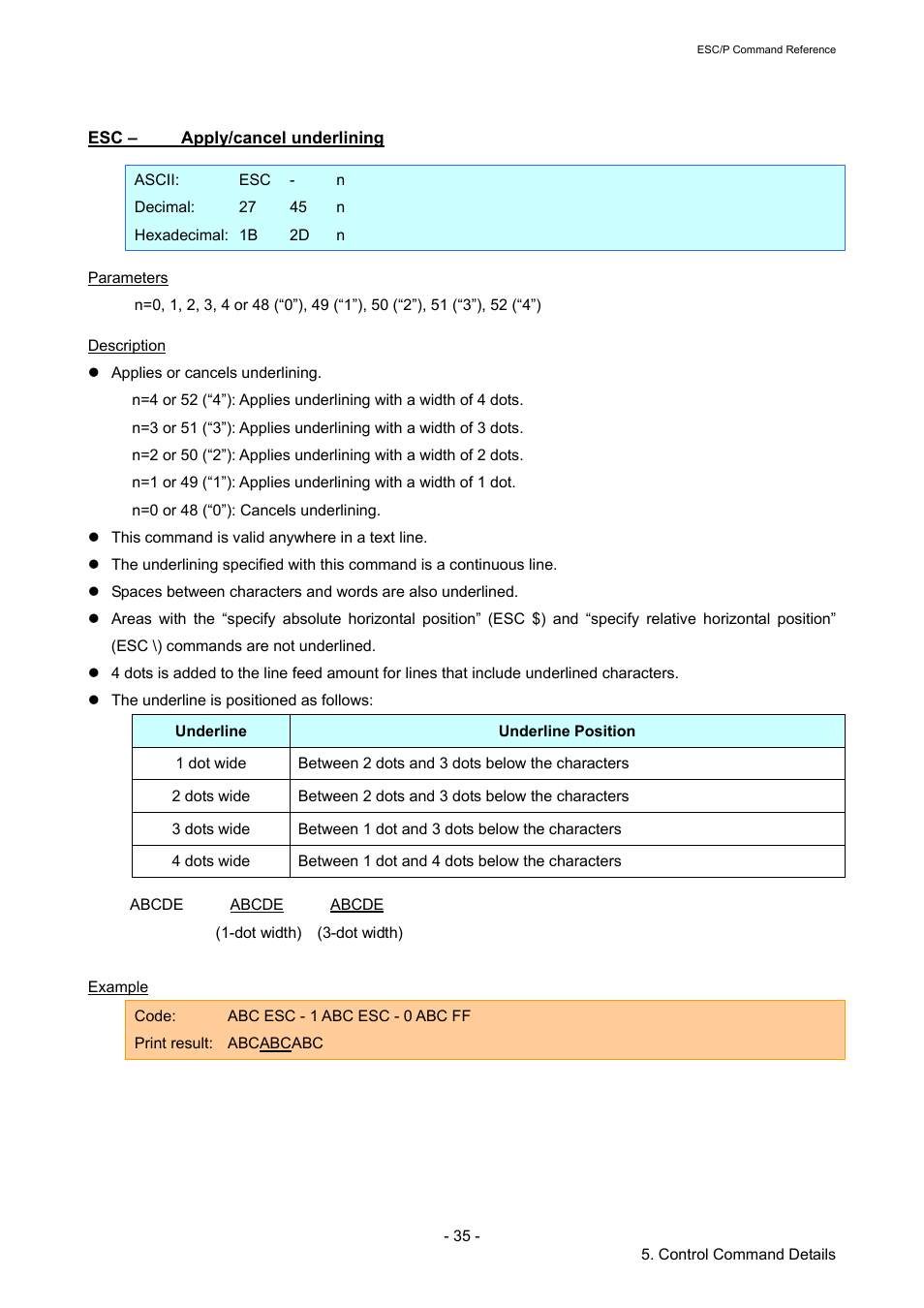 Esc – apply/cancel underlining, Apply/cancel underlining | Brother TD-2120N User Manual | Page 41 / 126