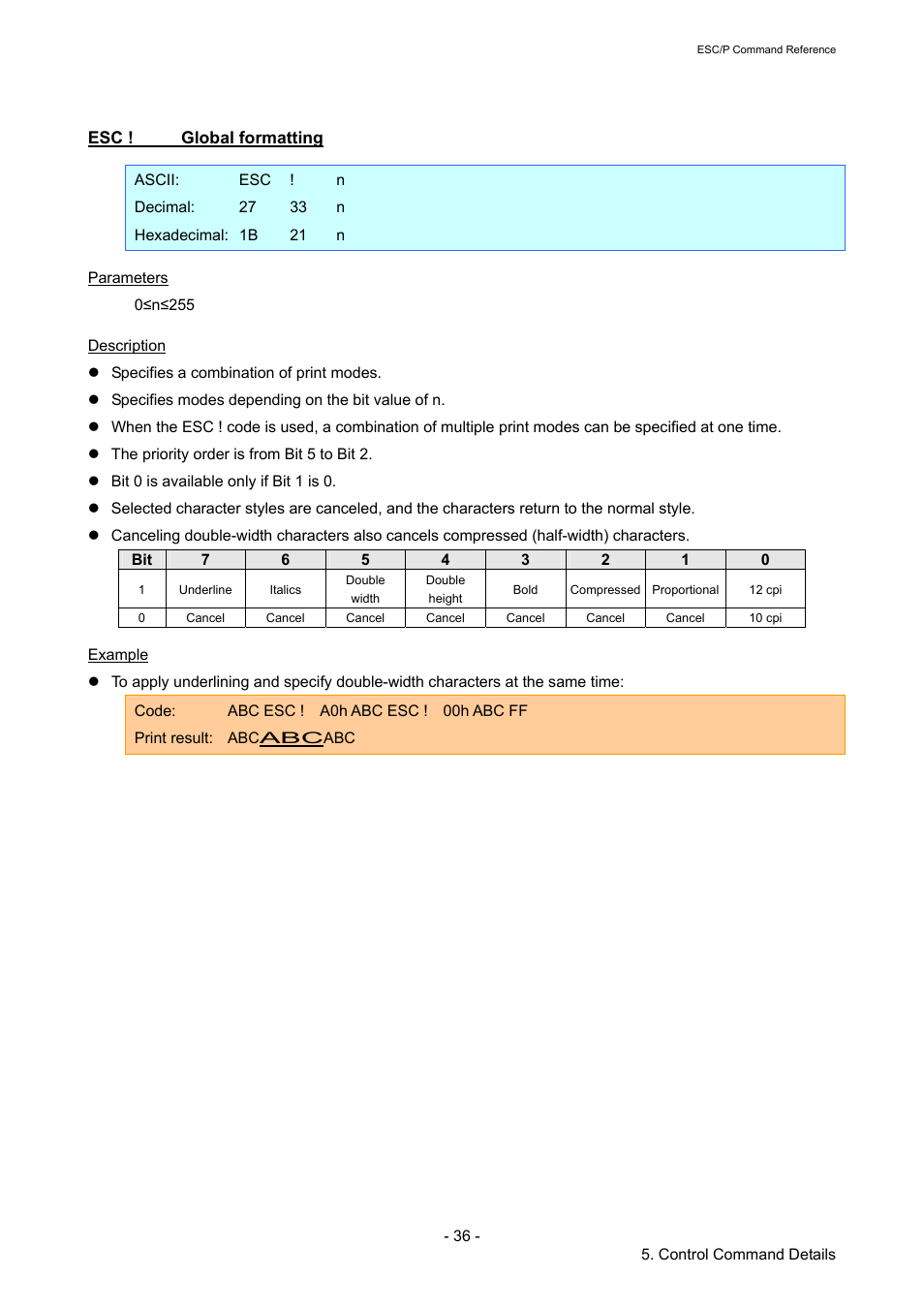 Esc ! global formatting, Global formatting | Brother TD-2120N User Manual | Page 42 / 126