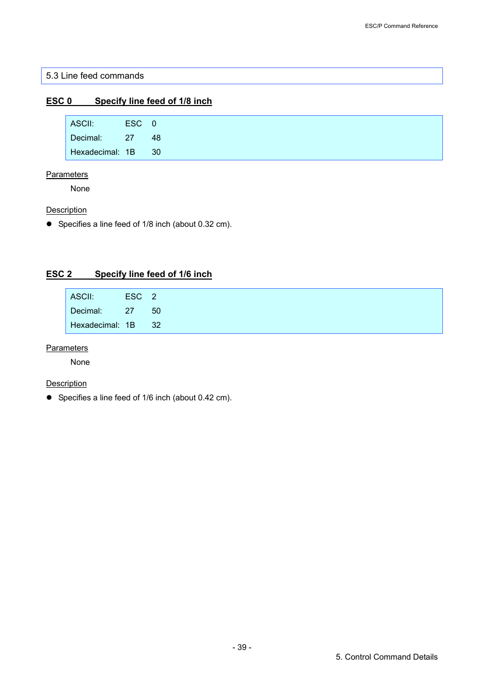 3 line feed commands, Esc 0 specify line feed of 1/8 inch, Esc 2 specify line feed of 1/6 inch | Esc 0, Specify line feed of 1/8 inch, Esc 2, Specify line feed of 1/6 inch | Brother TD-2120N User Manual | Page 45 / 126