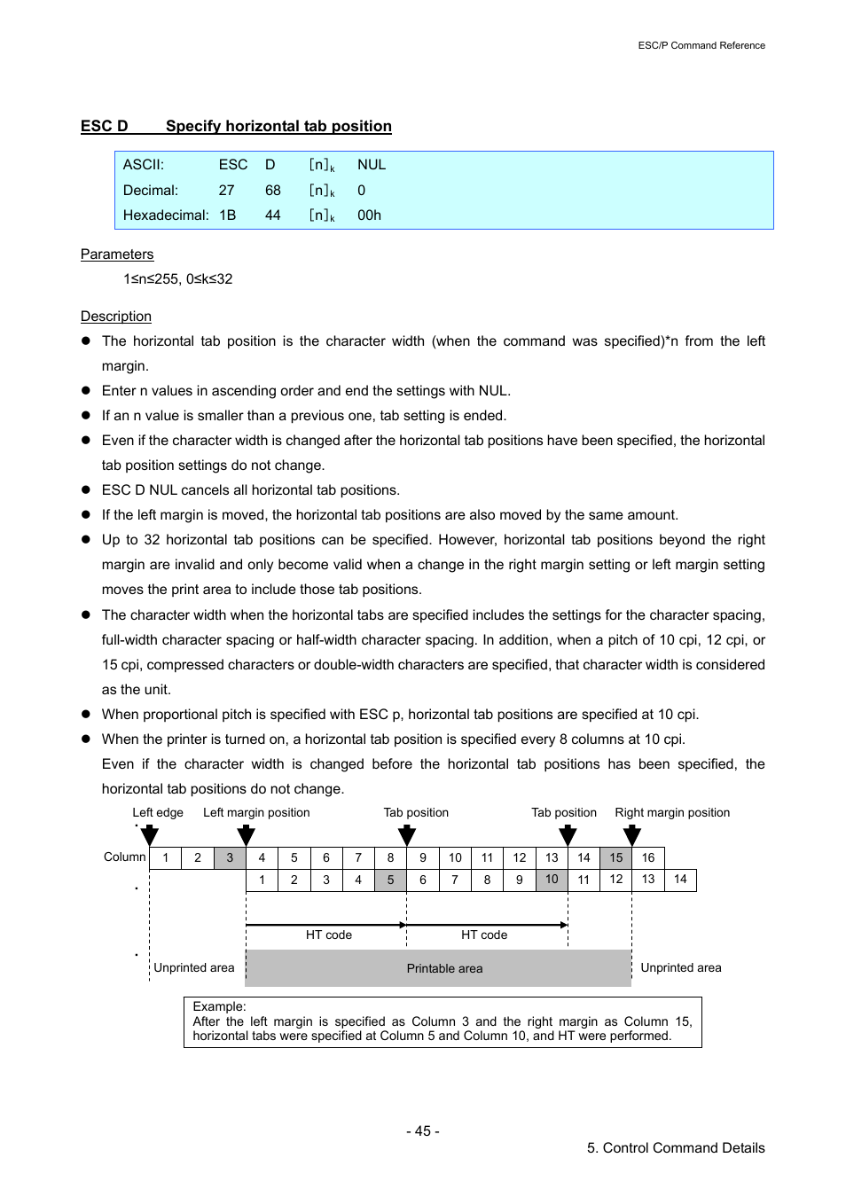 Esc d specify horizontal tab position, Esc d, Specify horizontal tab position | Brother TD-2120N User Manual | Page 51 / 126