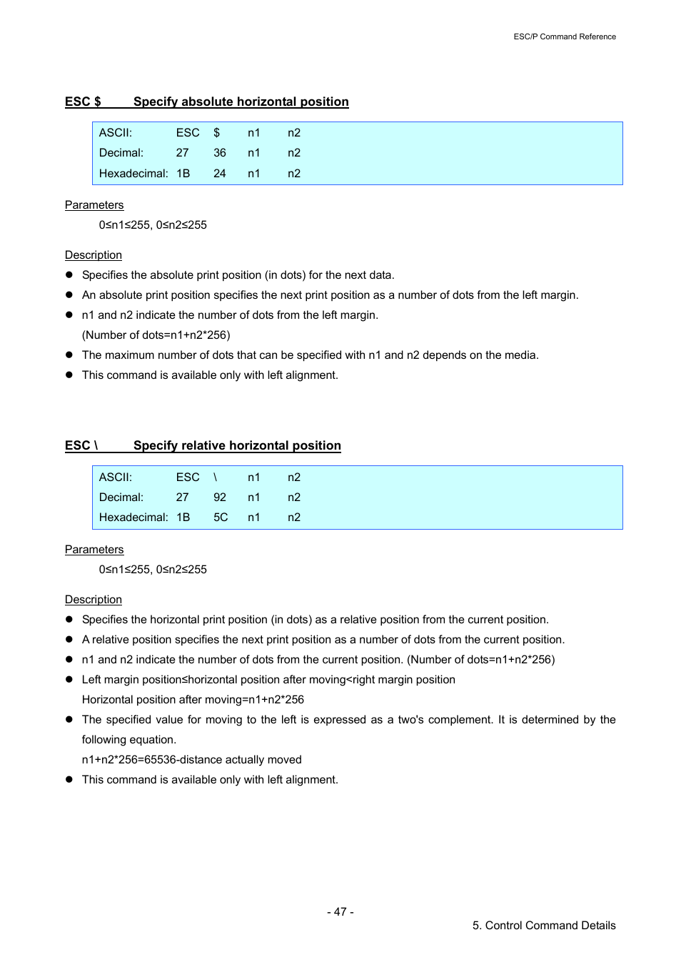Esc $ specify absolute horizontal position, Esc \ specify relative horizontal position, Specify absolute horizontal position | Specify relative horizontal position | Brother TD-2120N User Manual | Page 53 / 126
