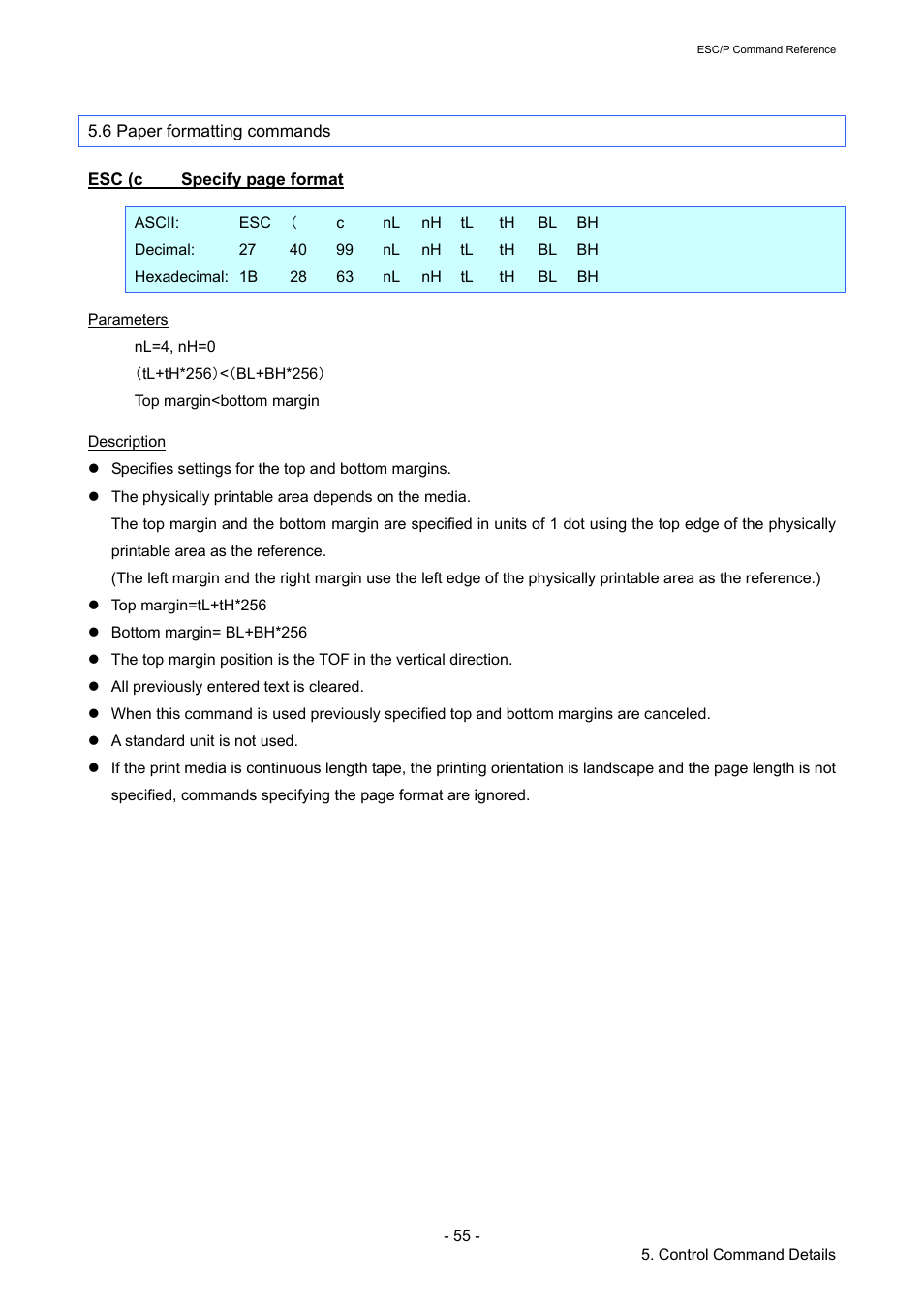 6 paper formatting commands, Esc (c, Ction | Brother TD-2120N User Manual | Page 61 / 126