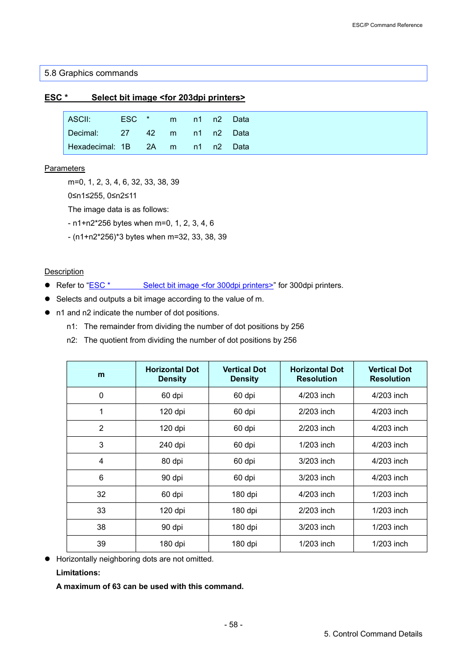 8 graphics commands, Esc * select bit image <for 203dpi printers, Select bit image <for 203dpi printers | Brother TD-2120N User Manual | Page 64 / 126