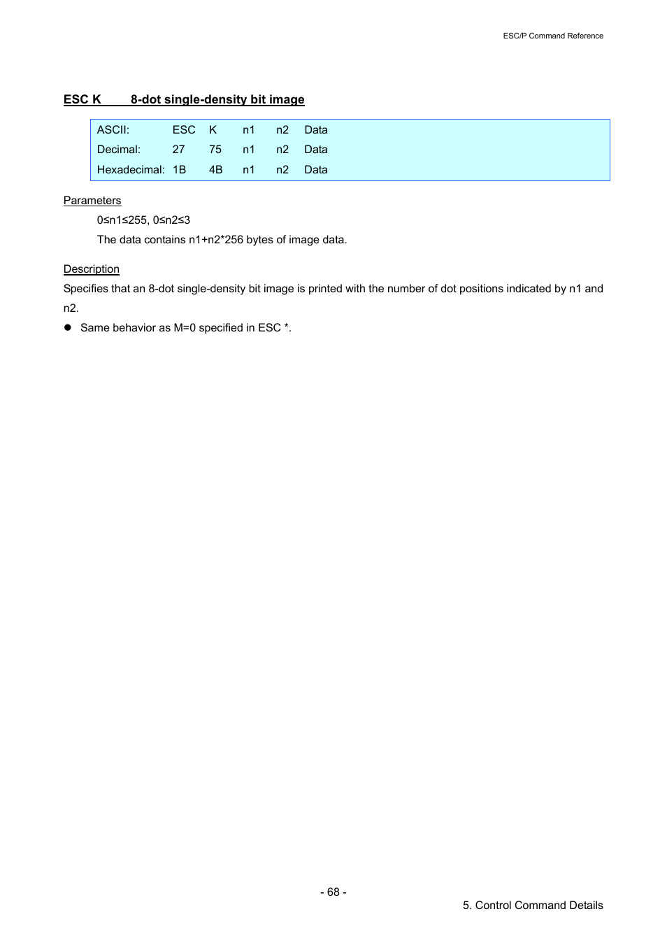 Esc k 8-dot single-density bit image, Esc k, Dot single-density bit image | Brother TD-2120N User Manual | Page 74 / 126