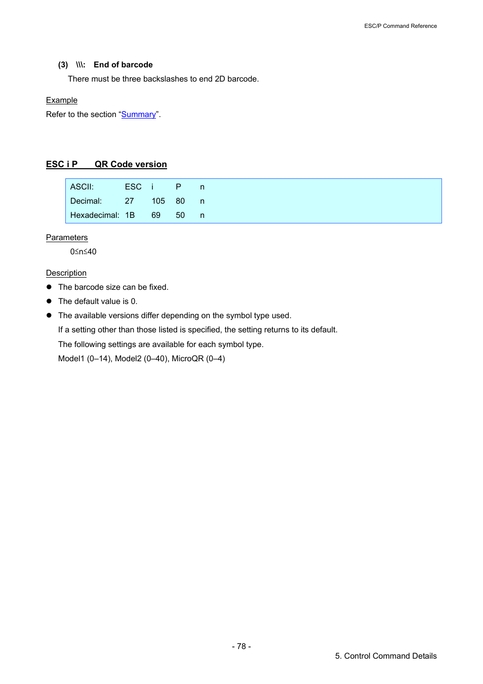 Esc i p qr code version, Esc i p, Qr code version | Brother TD-2120N User Manual | Page 84 / 126