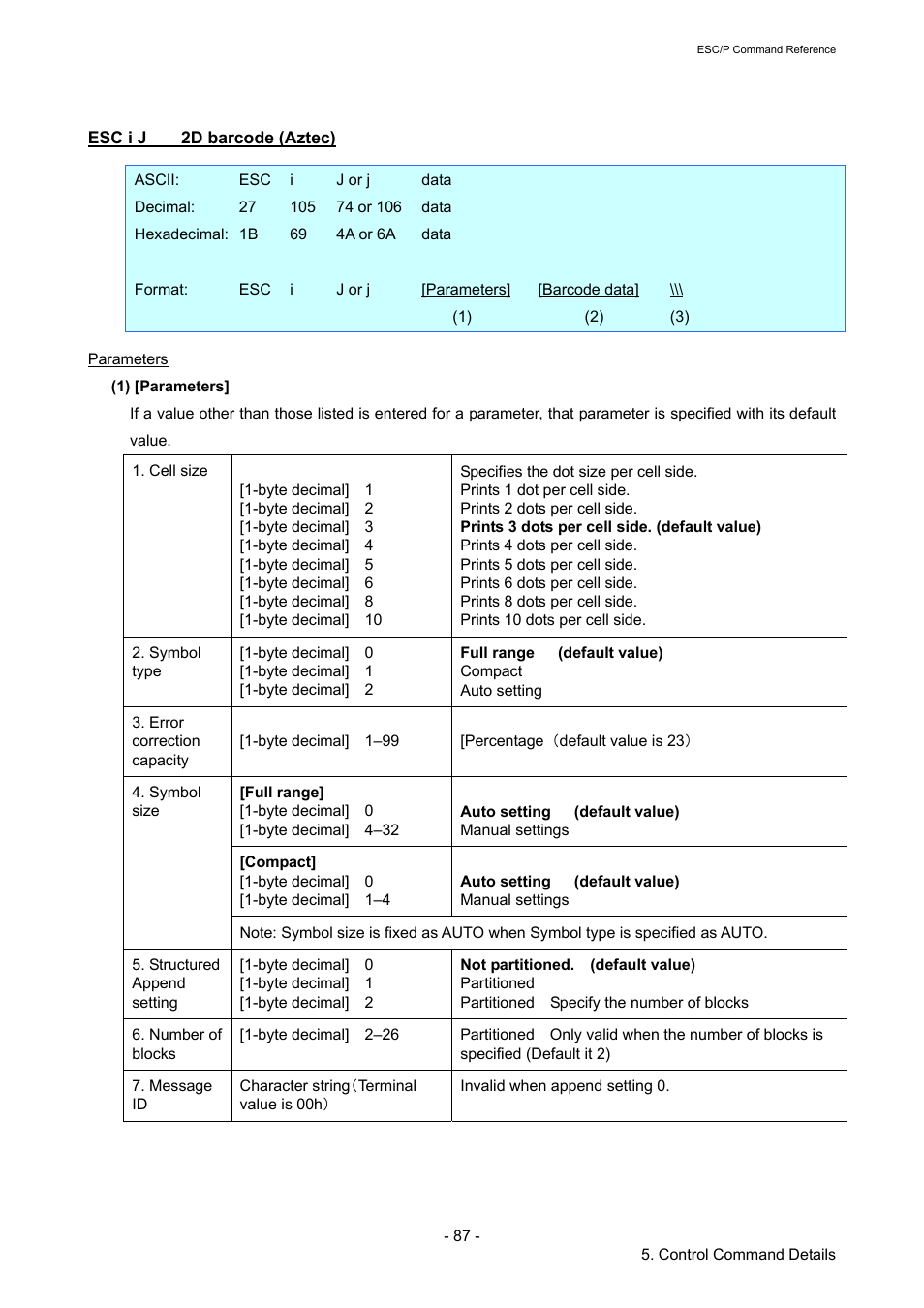 Esc i j 2d barcode (aztec), Esc i j, 2d barcode (aztec) | Brother TD-2120N User Manual | Page 93 / 126