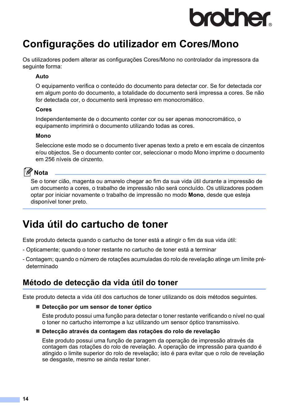 Português, Configurações do utilizador em cores/mono, Vida útil do cartucho de toner | Método de detecção da vida útil do toner | Brother HL-3040CN User Manual | Page 14 / 16