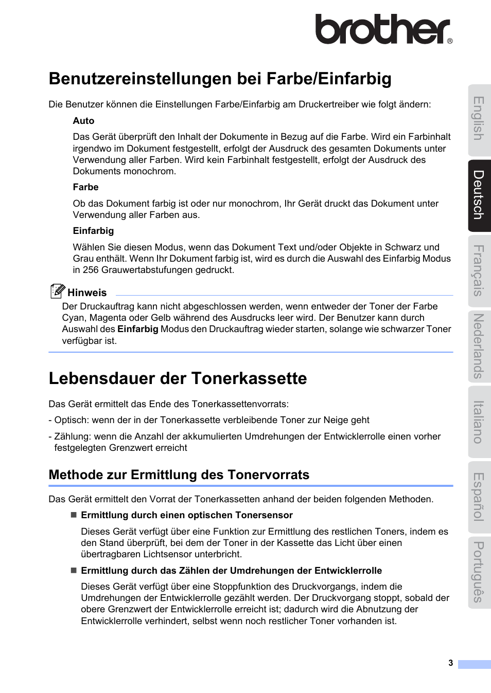 Deutsch, Benutzereinstellungen bei farbe/einfarbig, Lebensdauer der tonerkassette | Methode zur ermittlung des tonervorrats | Brother HL-3040CN User Manual | Page 3 / 16
