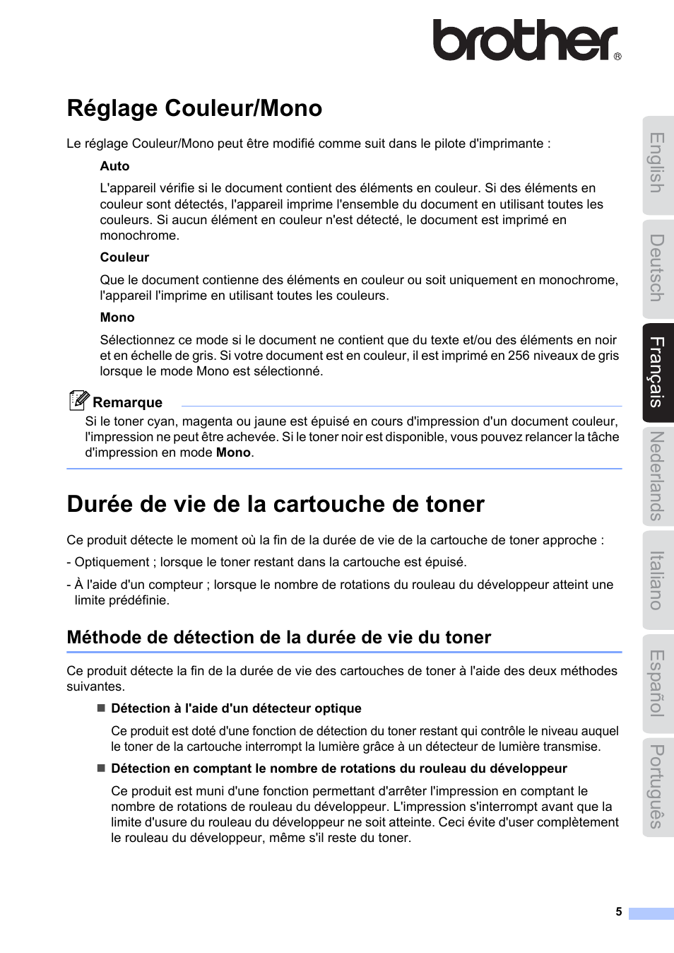 Français, Réglage couleur/mono, Durée de vie de la cartouche de toner | Méthode de détection de la durée de vie du toner | Brother HL-3040CN User Manual | Page 5 / 16