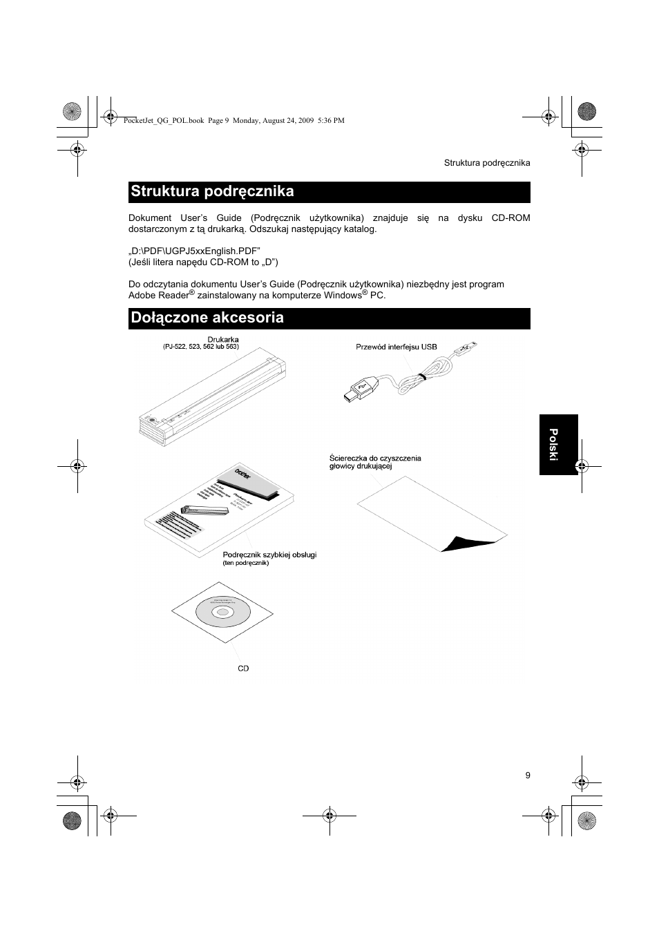 Struktura podręcznika dołączone akcesoria | Brother PJ-523 User Manual | Page 134 / 170