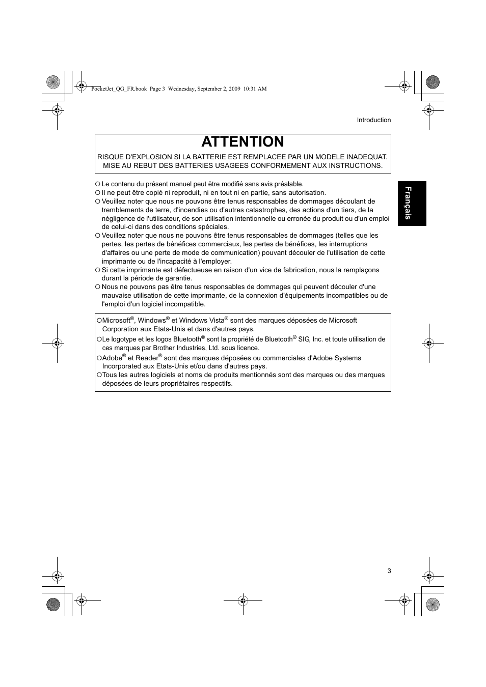 Attention | Brother PJ-523 User Manual | Page 15 / 170