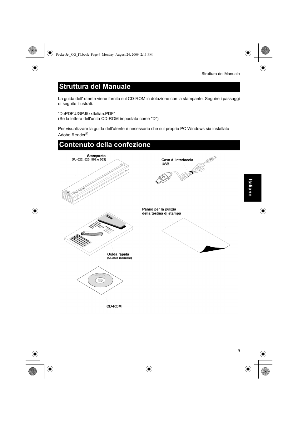 Struttura del manuale contenuto della confezione | Brother PJ-523 User Manual | Page 45 / 170