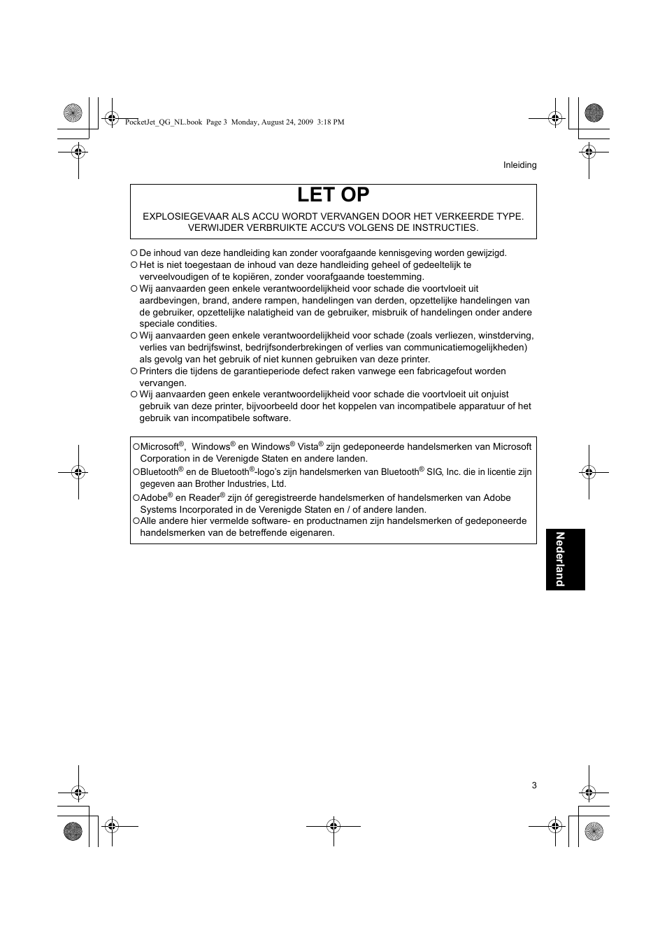 Let op | Brother PJ-523 User Manual | Page 62 / 170