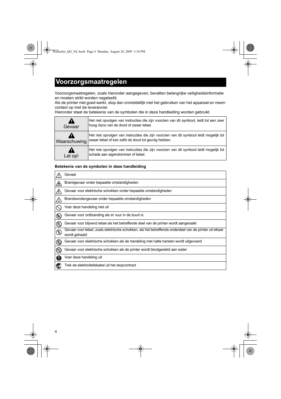 Voorzorgsmaatregelen | Brother PJ-523 User Manual | Page 63 / 170