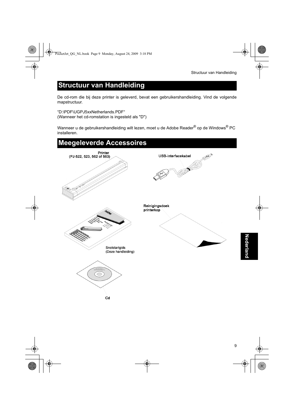 Structuur van handleiding meegeleverde accessoires | Brother PJ-523 User Manual | Page 68 / 170