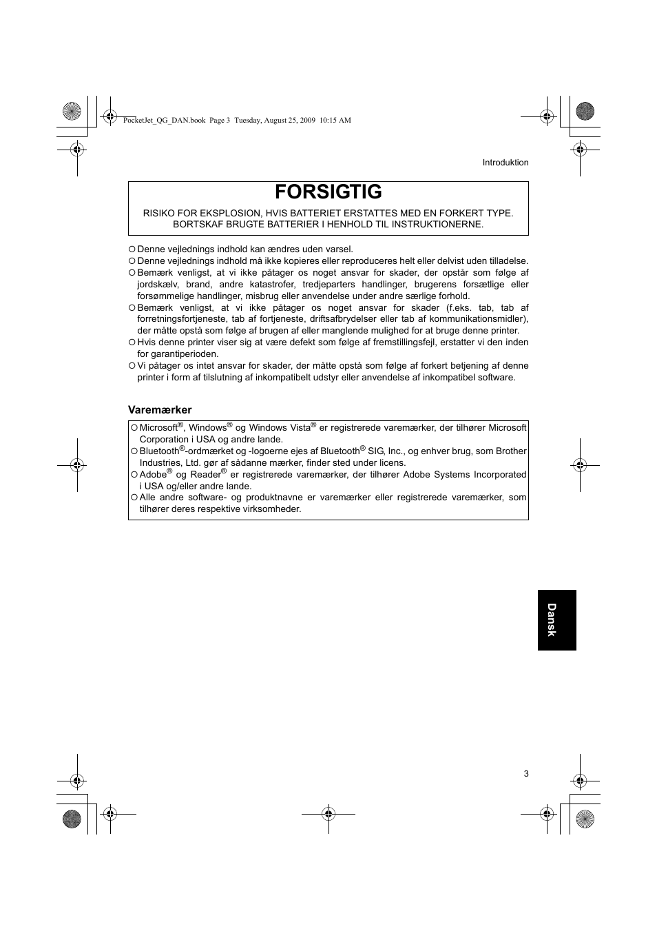 Forsigtig | Brother PJ-523 User Manual | Page 73 / 170