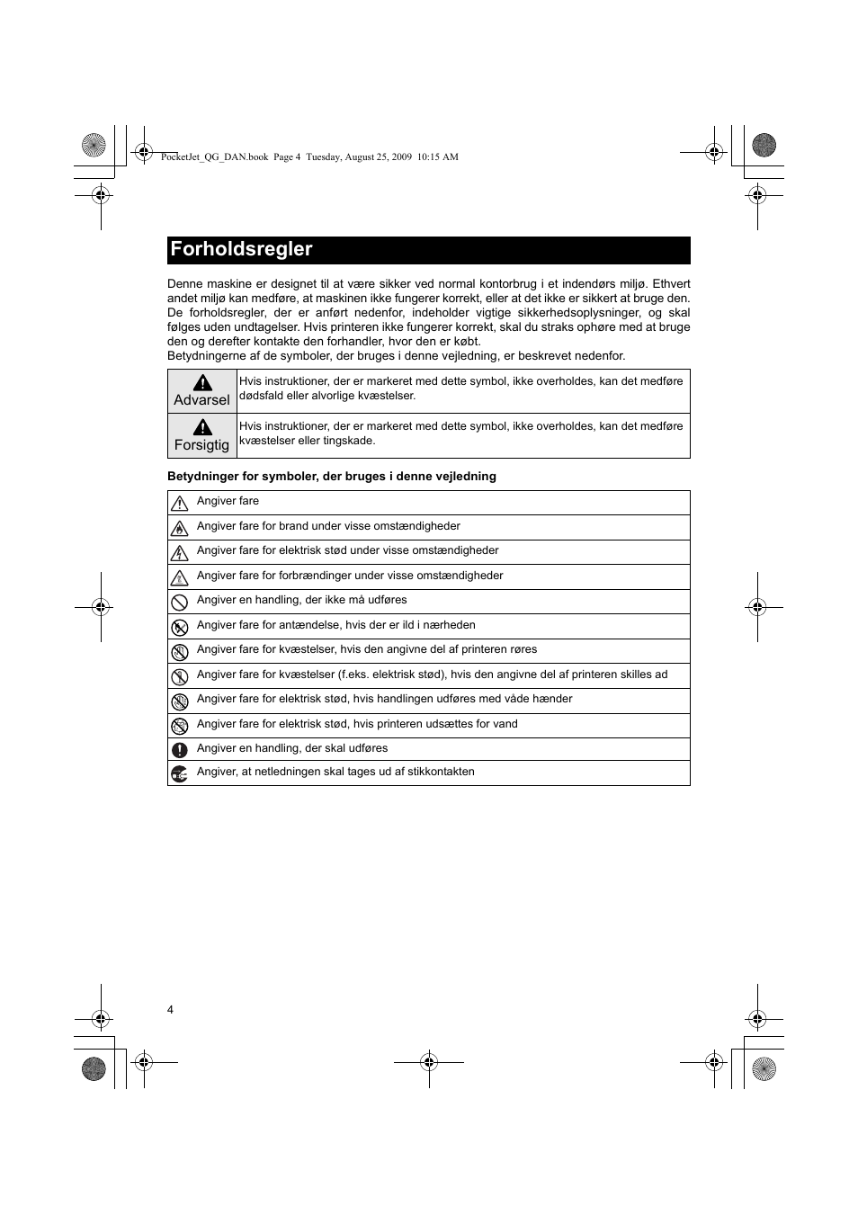 Forholdsregler | Brother PJ-523 User Manual | Page 74 / 170