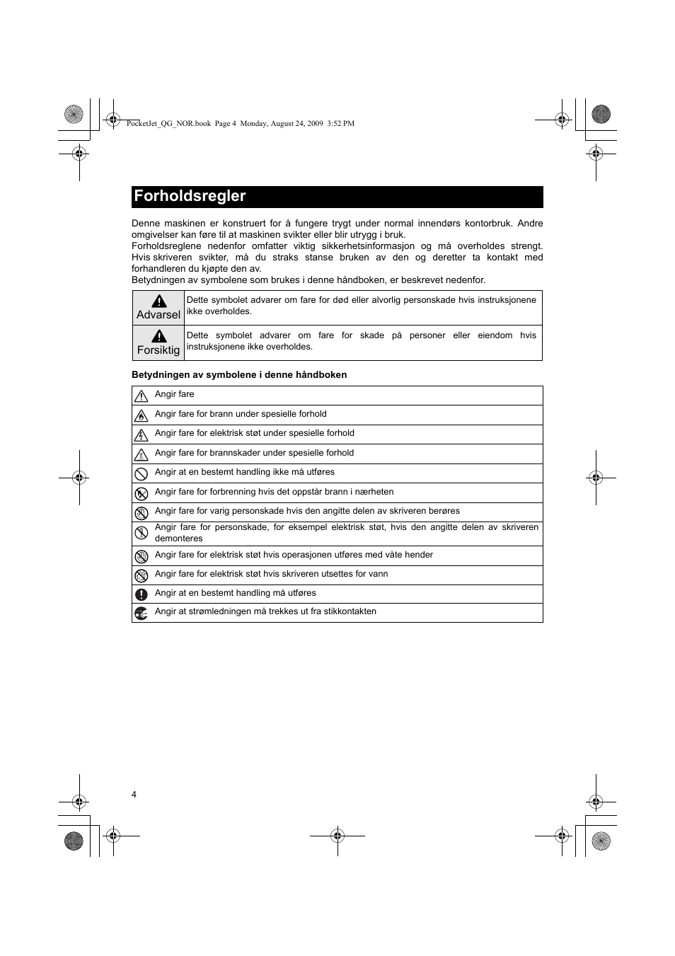 Forholdsregler | Brother PJ-523 User Manual | Page 85 / 170