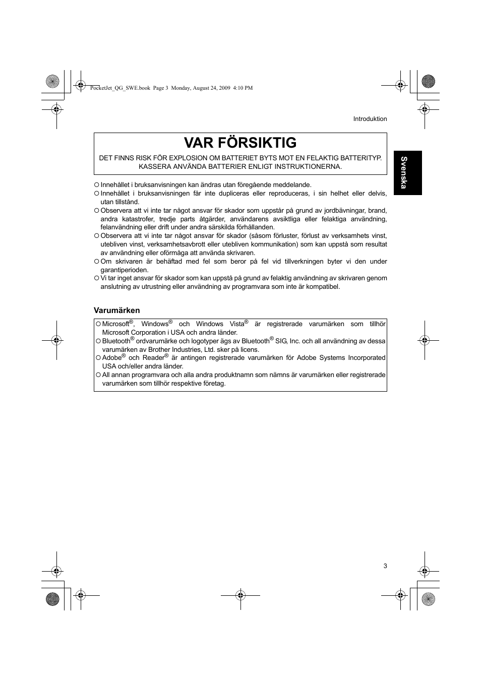 Var försiktig | Brother PJ-523 User Manual | Page 95 / 170