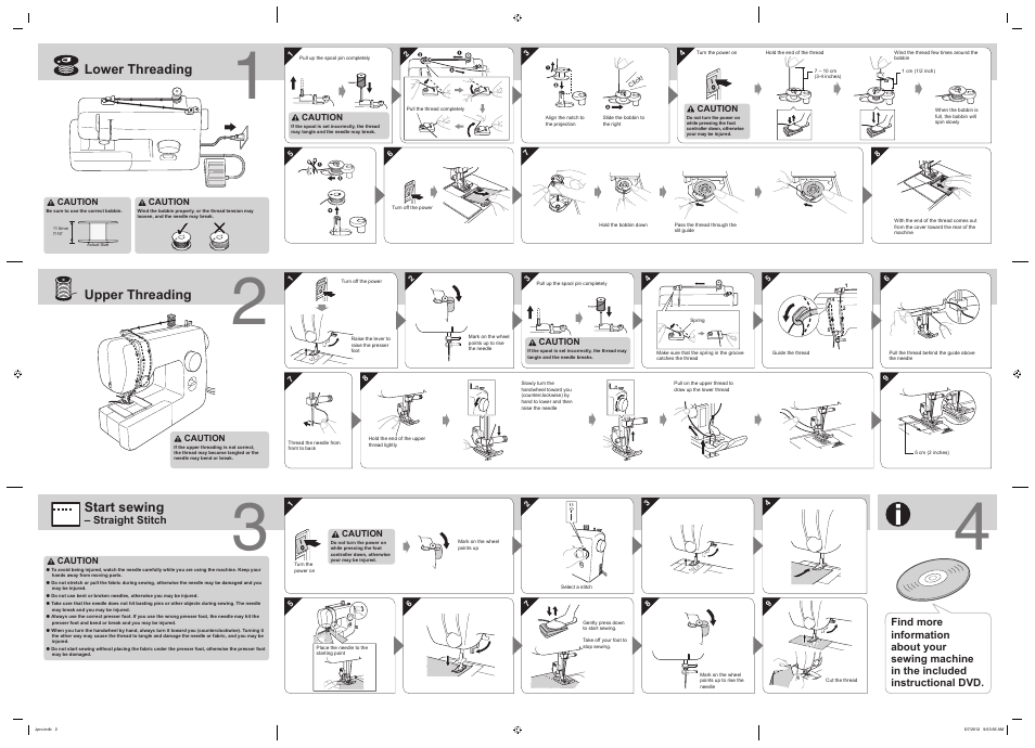 Lower threading upper threading start sewing, Straight stitch | Brother J17 User Manual | Page 2 / 4