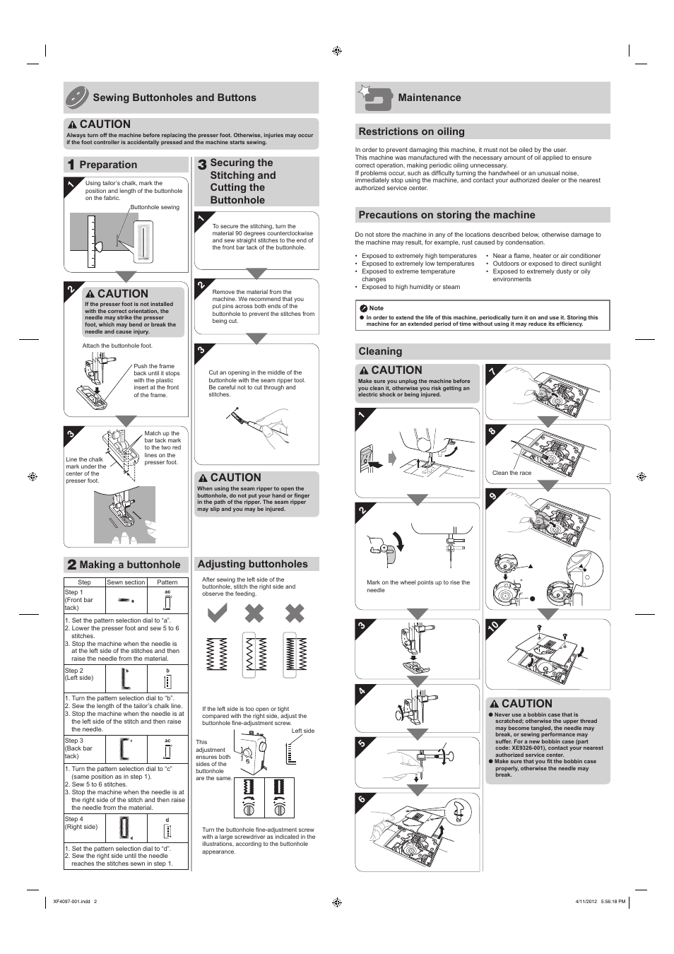 Caution, Securing the stitching and cutting the buttonhole, Adjusting buttonholes | Making a buttonhole, Sewing buttonholes and buttons, Preparation | Brother J17 User Manual | Page 4 / 4