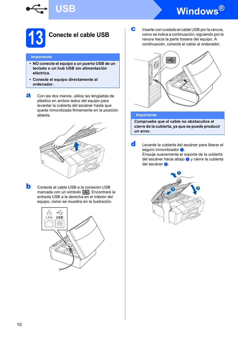 13 conecte el cable usb, Windows, Conecte el cable usb | Brother DCP-585CW User Manual | Page 10 / 42