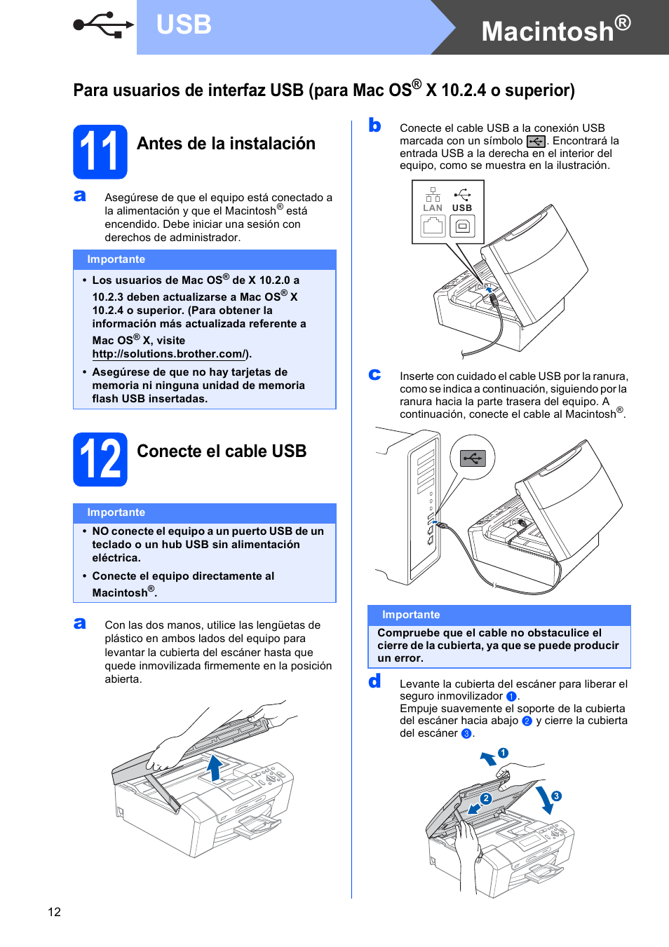 11 antes de la instalación, 12 conecte el cable usb, Macintosh | Para usuarios de interfaz usb (para mac os, X 10.2.4 o superior), Antes de la instalación, Conecte el cable usb | Brother DCP-585CW User Manual | Page 12 / 42