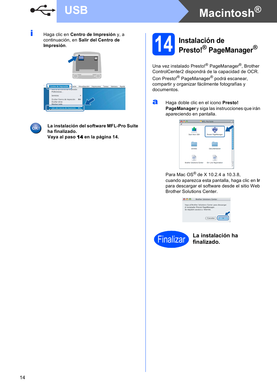 Macintosh, Finalizar, Instalación de presto | Pagemanager | Brother DCP-585CW User Manual | Page 14 / 42