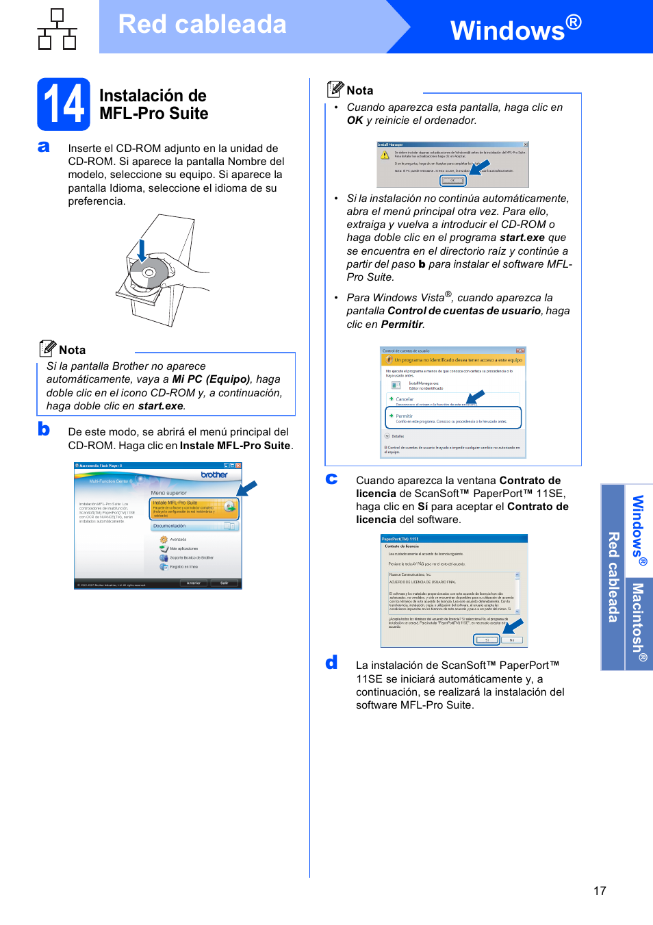 14 instalación de mfl-pro suite, Windows, Red cableada | Instalación de mfl-pro suite | Brother DCP-585CW User Manual | Page 17 / 42