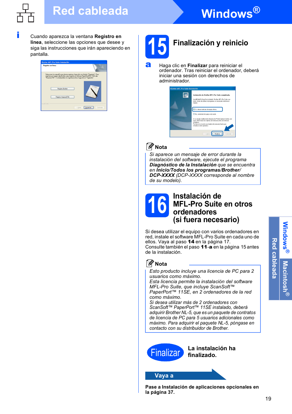 15 finalización y reinicio, Windows, Red cableada | Finalizar, Finalización y reinicio | Brother DCP-585CW User Manual | Page 19 / 42
