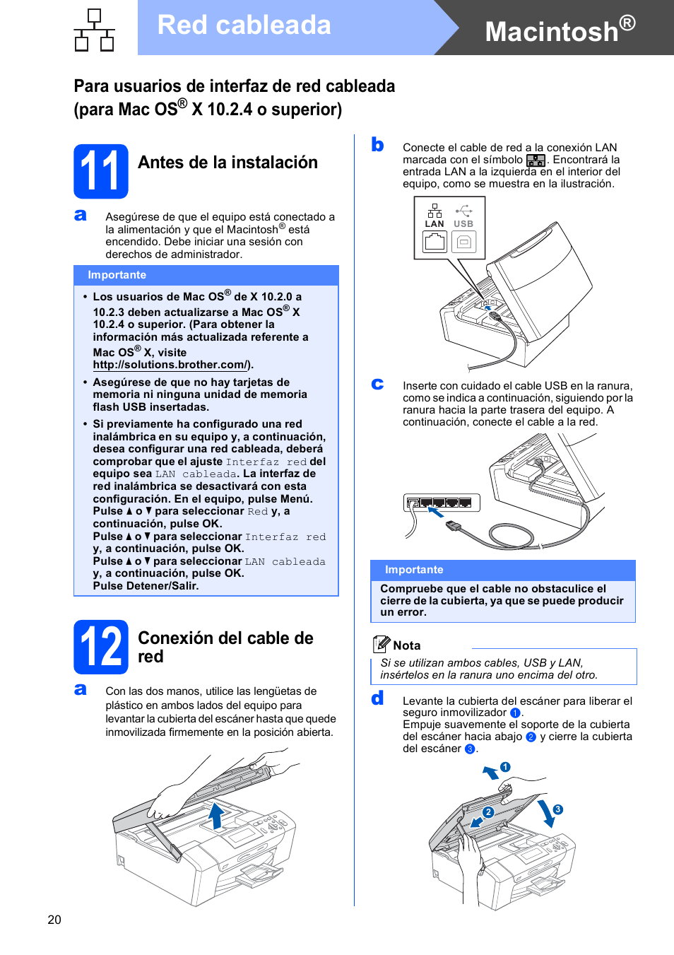11 antes de la instalación, 12 conexión del cable de red, Macintosh | Red cableada, X 10.2.4 o superior), Antes de la instalación, Conexión del cable de red | Brother DCP-585CW User Manual | Page 20 / 42