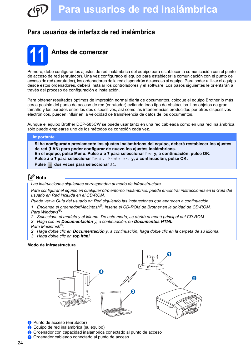 Para usuarios de interfaz de red inalámbrica, 11 antes de comenzar, Para usuarios de red inalámbrica | Antes de comenzar | Brother DCP-585CW User Manual | Page 24 / 42