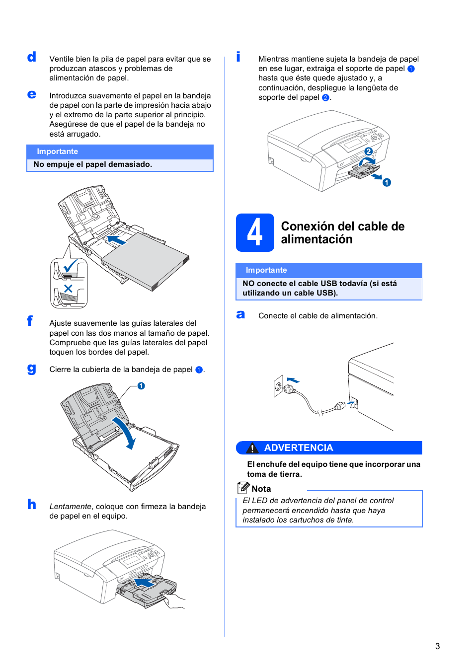 4 conexión del cable de alimentación, Conexión del cable de alimentación | Brother DCP-585CW User Manual | Page 3 / 42