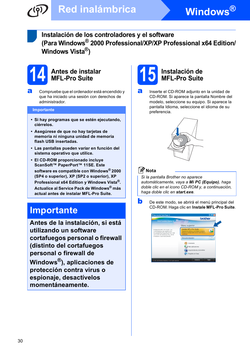 14 antes de instalar mfl-pro suite, 15 instalación de mfl-pro suite, Windows | Red inalámbrica, Importante | Brother DCP-585CW User Manual | Page 30 / 42