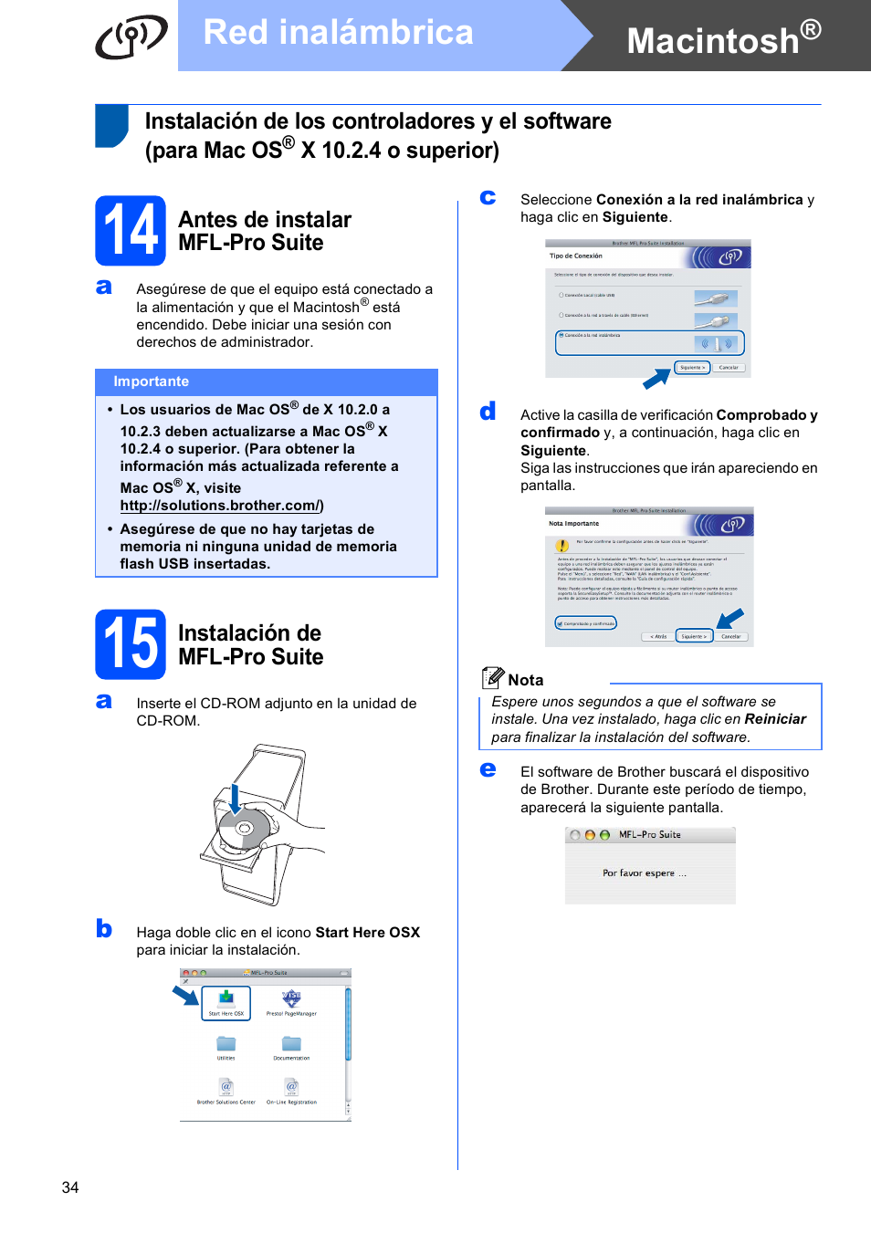 14 antes de instalar mfl-pro suite, 15 instalación de mfl-pro suite, Macintosh | Red inalámbrica, X 10.2.4 o superior), Antes de instalar mfl-pro suite, Instalación de mfl-pro suite | Brother DCP-585CW User Manual | Page 34 / 42
