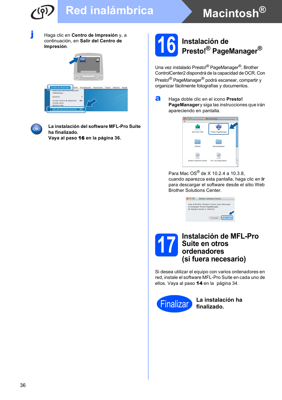 16 en, Macintosh, Red inalámbrica | Finalizar, Instalación de presto, Pagemanager | Brother DCP-585CW User Manual | Page 36 / 42
