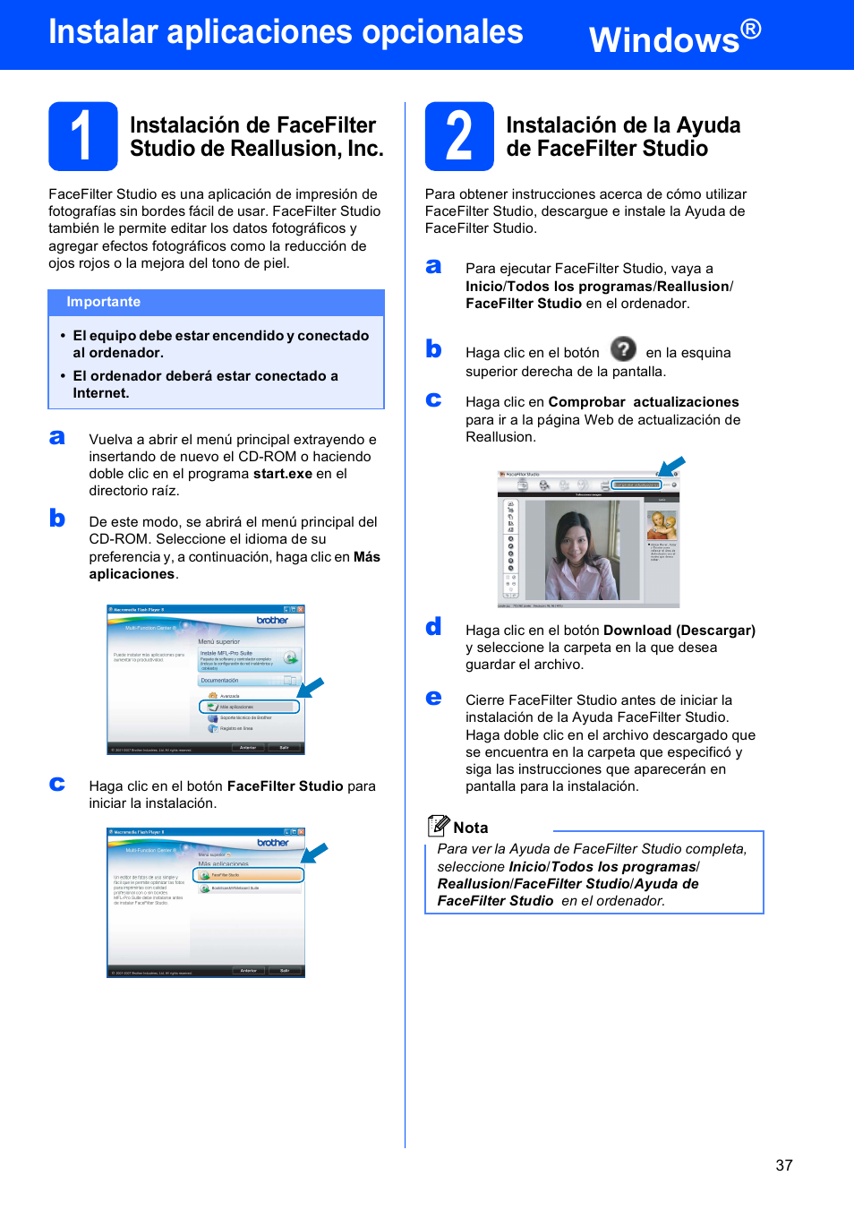 Instalar aplicaciones opcionales windows, 2 instalación de la ayuda de facefilter studio, Windows | Instalar aplicaciones opcionales | Brother DCP-585CW User Manual | Page 37 / 42