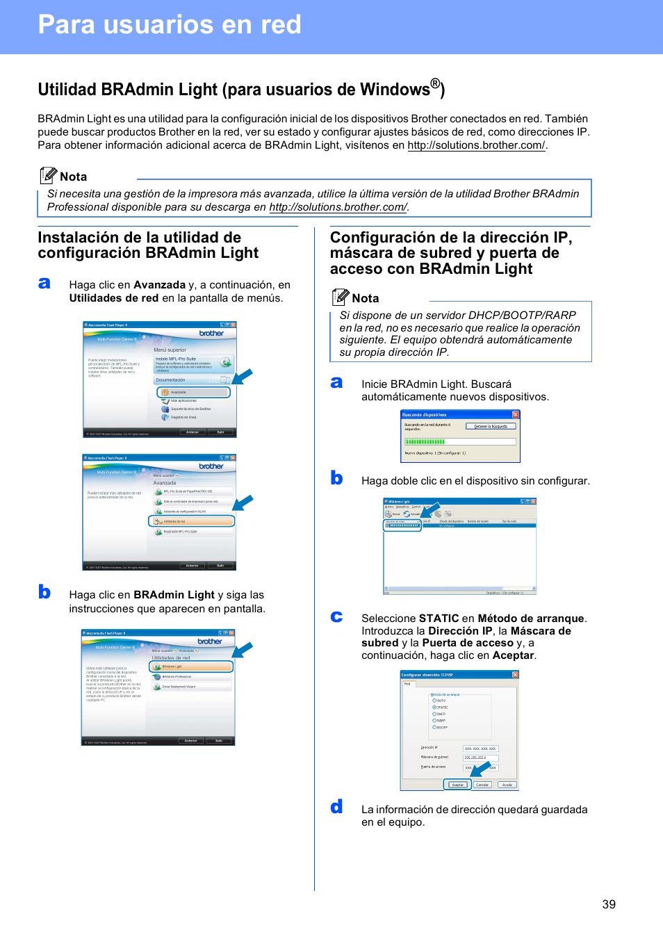 Para usuarios en red, Utilidad bradmin light (para usuarios de windows®), Utilidad bradmin light (para usuarios de windows | Brother DCP-585CW User Manual | Page 39 / 42