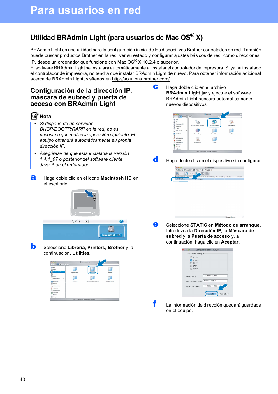 Para usuarios en red, Utilidad bradmin light (para usuarios de mac os | Brother DCP-585CW User Manual | Page 40 / 42