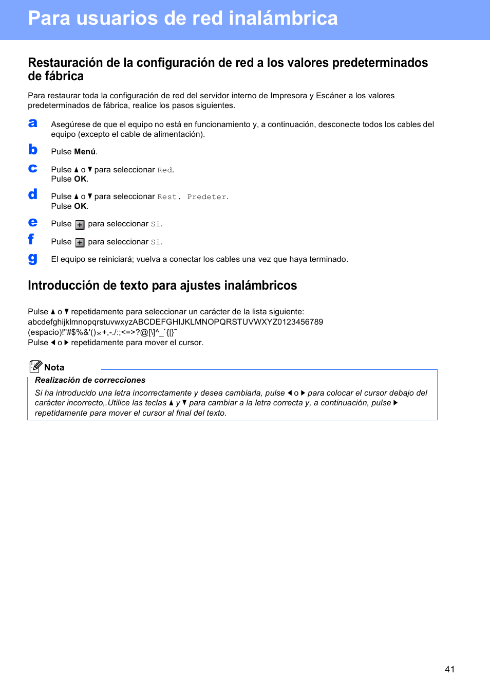 Introducción de texto para ajustes inalámbricos, Para usuarios de red inalámbrica | Brother DCP-585CW User Manual | Page 41 / 42